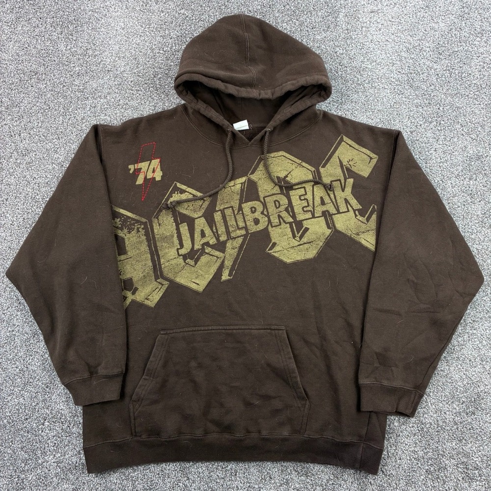 Vintage Y2K AC/DC Hoodie Mens Large Brown Jailbreak 1974 Sweatshirt Rock Music